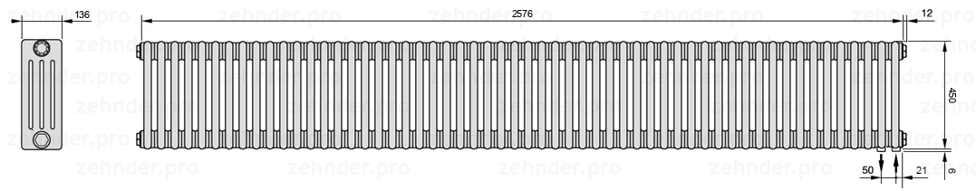 Схема (чертеж) Радиатор Zehnder Charleston 4045/56 №5510 Белый глянцевый RAL 9016